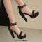 Peep Toe Ankle Buckle Rivet Straps Cuban Heels Platforms Sandals - Black Faux Leather