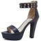 Peep Toe Ankle Buckle Rivet Straps Cuban Heels Platforms Sandals - Blue Faux Leather
