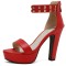 Peep Toe Ankle Buckle Rivet Straps Cuban Heels Platforms Sandals - Red Faux Leather