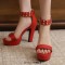 Peep Toe Ankle Buckle Rivet Straps Cuban Heels Platforms Sandals - Red Faux Leather