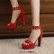Peep Toe Ankle Buckle Rivet Straps Cuban Heels Platforms Sandals - Red Faux Leather