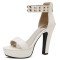 Peep Toe Ankle Buckle Rivet Straps Cuban Heels Platforms Sandals - White Faux Leather