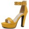 Peep Toe Ankle Buckle Rivet Straps Cuban Heels Platforms Sandals - Yellow Faux Leather