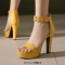 Peep Toe Ankle Buckle Rivet Straps Cuban Heels Platforms Sandals - Yellow Faux Leather
