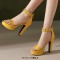 Peep Toe Ankle Buckle Rivet Straps Cuban Heels Platforms Sandals - Yellow Faux Leather