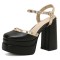Round Toe Ankle Buckle Rivet Golden Straps Chunky Heels Platforms Sandals - Black Faux Leather