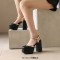 Round Toe Ankle Buckle Rivet Golden Straps Chunky Heels Platforms Sandals - Black Faux Leather