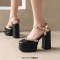 Round Toe Ankle Buckle Rivet Golden Straps Chunky Heels Platforms Sandals - Black Faux Leather