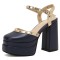 Round Toe Ankle Buckle Rivet Golden Straps Chunky Heels Platforms Sandals - Blue Faux Leather