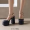 Round Toe Ankle Buckle Rivet Golden Straps Chunky Heels Platforms Sandals - Blue Faux Leather