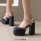 Round Toe Ankle Buckle Rivet Golden Straps Chunky Heels Platforms Sandals - Blue Faux Leather
