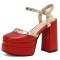 Round Toe Ankle Buckle Rivet Golden Straps Chunky Heels Platforms Sandals - Red Faux Leather