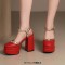 Round Toe Ankle Buckle Rivet Golden Straps Chunky Heels Platforms Sandals - Red Faux Leather