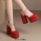 Round Toe Ankle Buckle Rivet Golden Straps Chunky Heels Platforms Sandals - Red Faux Leather