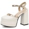 Round Toe Ankle Buckle Rivet Golden Straps Chunky Heels Platforms Sandals - White Faux Leather