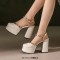 Round Toe Ankle Buckle Rivet Golden Straps Chunky Heels Platforms Sandals - White Faux Leather