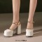 Round Toe Ankle Buckle Rivet Golden Straps Chunky Heels Platforms Sandals - White Faux Leather