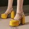 Round Toe Ankle Buckle Rivet Golden Straps Chunky Heels Platforms Sandals - Yellow Faux Leather