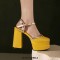 Round Toe Ankle Buckle Rivet Golden Straps Chunky Heels Platforms Sandals - Yellow Faux Leather