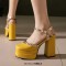 Round Toe Ankle Buckle Rivet Golden Straps Chunky Heels Platforms Sandals - Yellow Faux Leather