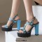 Peep Toe T Straps Platforms Chunky Heels Slingback Flower Summer Sandals - SkyBlue Faux Leather