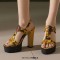 Peep Toe T Straps Platforms Chunky Heels Slingback Flower Summer Sandals - Yellow Faux Leather