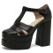 Round Toe T Straps Chunky Heels Platforms Summer Sandals - Black Faux Leather
