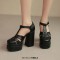 Round Toe T Straps Chunky Heels Platforms Summer Sandals - Black Faux Leather