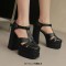 Round Toe T Straps Chunky Heels Platforms Summer Sandals - Black Faux Leather