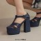 Round Toe T Straps Chunky Heels Platforms Summer Sandals - Blue Faux Leather