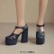 Round Toe T Straps Chunky Heels Platforms Summer Sandals - Blue Faux Leather