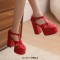 Round Toe T Straps Chunky Heels Platforms Summer Sandals - Red Faux Leather