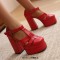 Round Toe T Straps Chunky Heels Platforms Summer Sandals - Red Faux Leather