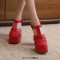 Round Toe T Straps Chunky Heels Platforms Summer Sandals - Red Faux Leather