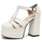 Round Toe T Straps Chunky Heels Platforms Summer Sandals - White Faux Leather