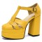 Round Toe T Straps Chunky Heels Platforms Summer Sandals - Yellow Faux Leather