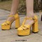 Round Toe T Straps Chunky Heels Platforms Summer Sandals - Yellow Faux Leather