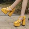 Round Toe T Straps Chunky Heels Platforms Summer Sandals - Yellow Faux Leather