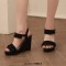Peep Toe Ankle Buckle Straps Low Platforms Wedges Summer Sandals - Black Flock