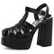 Open Toe T Straps Ankle Buckle Straps Double Platforms Chunky Heels Summer Sandals - Black Faux Leather