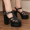 Open Toe T Straps Ankle Buckle Straps Double Platforms Chunky Heels Summer Sandals - Black Faux Leather