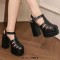 Open Toe T Straps Ankle Buckle Straps Double Platforms Chunky Heels Summer Sandals - Black Faux Leather