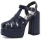 Open Toe T Straps Ankle Buckle Straps Double Platforms Chunky Heels Summer Sandals - Blue Faux Leather
