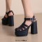 Open Toe T Straps Ankle Buckle Straps Double Platforms Chunky Heels Summer Sandals - Blue Faux Leather