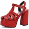 Open Toe T Straps Ankle Buckle Straps Double Platforms Chunky Heels Summer Sandals - Red Faux Leather