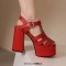 Open Toe T Straps Ankle Buckle Straps Double Platforms Chunky Heels Summer Sandals - Red Faux Leather