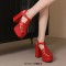 Open Toe T Straps Ankle Buckle Straps Double Platforms Chunky Heels Summer Sandals - Red Faux Leather