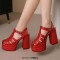 Open Toe T Straps Ankle Buckle Straps Double Platforms Chunky Heels Summer Sandals - Red Faux Leather