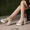 Open Toe T Straps Ankle Buckle Straps Double Platforms Chunky Heels Summer Sandals - White Faux Leather