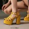 Open Toe T Straps Ankle Buckle Straps Double Platforms Chunky Heels Summer Sandals - Yellow Faux Leather